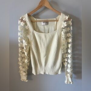 Industry Floral Appliqué Ribbed Cotton Sweater Butter Yelllow Small
